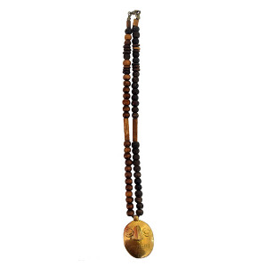 Wooden Beaded Necklace with Brass Mask Pendant - Ethnic Inspiration